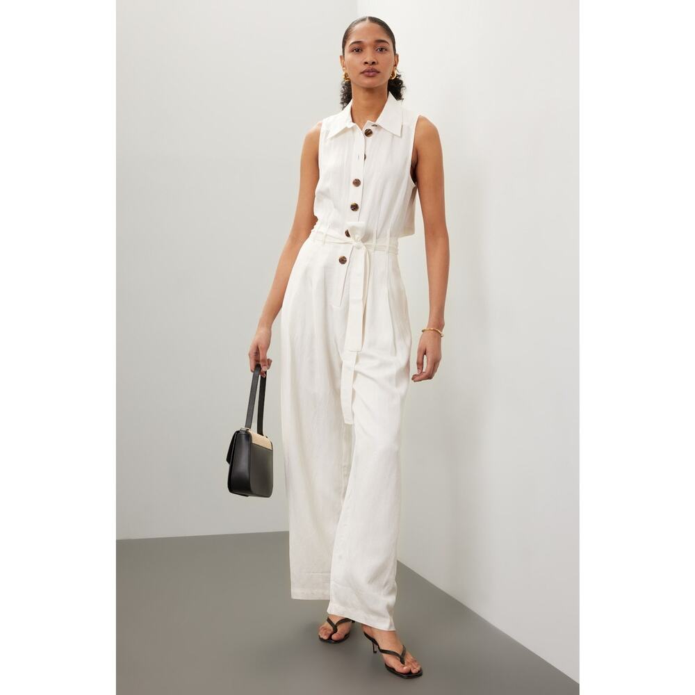 REISS Women's White Collared Front Button Belted Wide Leg Jumpsuit Size US 2